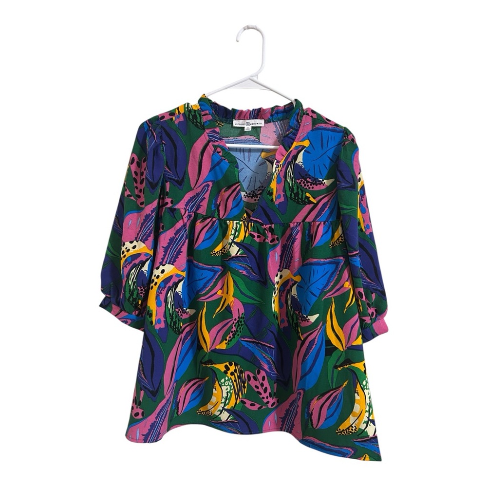 Michelle McDowell Colorful Abstract Patterned Top With Ruffle Sleeve